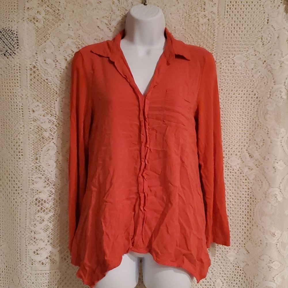 Joseph A. Orange Asymmetrical Hem Long Sleeve Button Down Blouse Medium